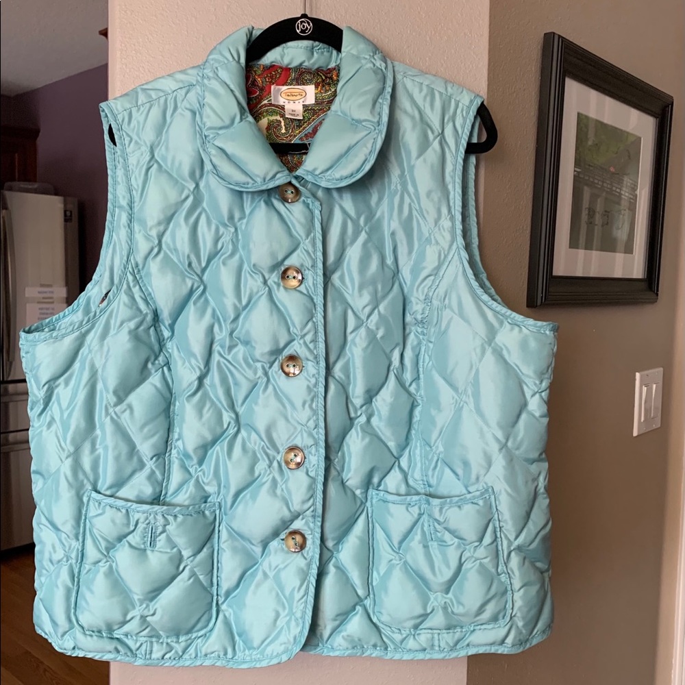 Retired Talbots duck down vest in ice blue.